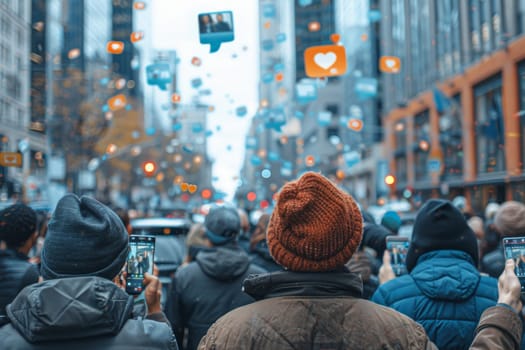 A crowd of people watching live streaming from smartphones on a city street.