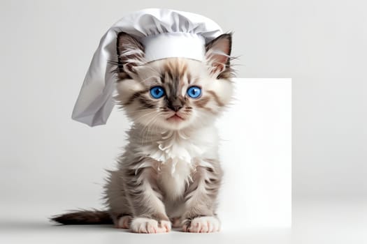 Cute cat chef with blank blank for menu .