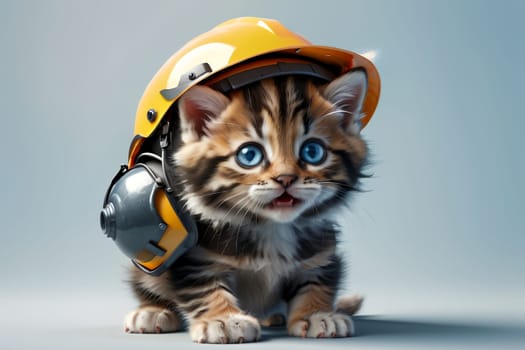 Cute cat in a construction helmet, builder .