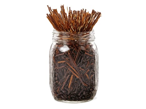 Sarsaparilla in a jar glass licorice sticks and vanilla beans old fashioned charm lively effervescence. Drink isolated on transparent background.