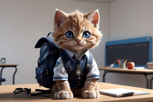 kitten schoolboy in school uniform with backpack .