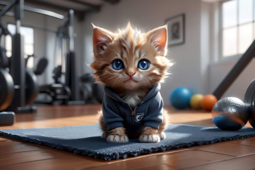 cute Ragdoll cat doing fitness in the gym .