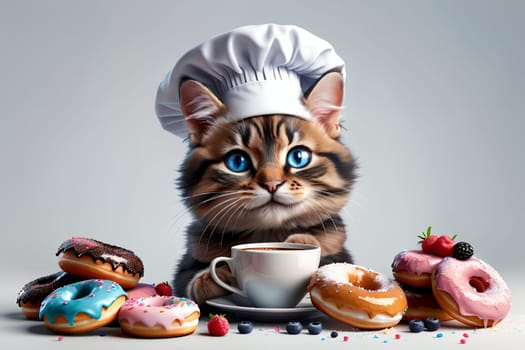 professional cat chef with colored sweet donuts, donuts in sweet glaze .