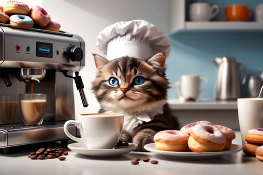 professional cat barista prepares coffee in a coffee machine, modern technology in the kitchen .