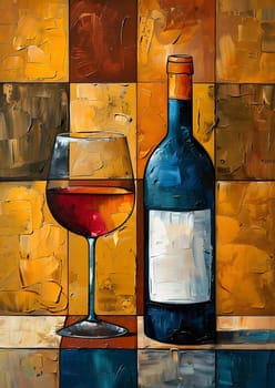 A painted picture frame showcasing a bottle of wine and a glass of wine on a table, with elegant stemware and liquid, depicting a barware scene