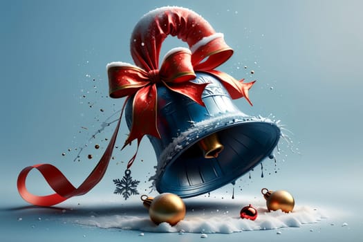 New Year's holiday bell in the snow, isolated on a blue background. New Year card .