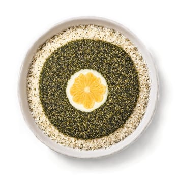 Furikake rice seasoning mandala a savory circular pattern of furikake rice seasoning with nori flakes. Food isolated on transparent background.