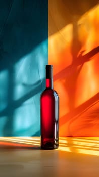 A glass bottle of red wine is placed on a wooden table in front of a vibrant wall. The bottle contains a delicious alcoholic beverage, ready to be enjoyed as a drink