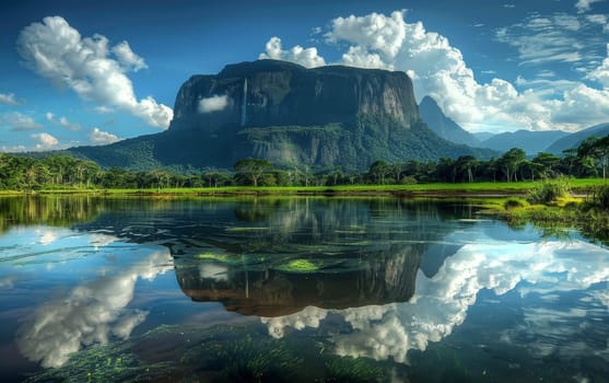 A colossal cliff with a waterfall reflects on the glassy surface of a jungle lake, under a sky dotted with fluffy clouds. The stillness of the scene amplifies its natural grandeur