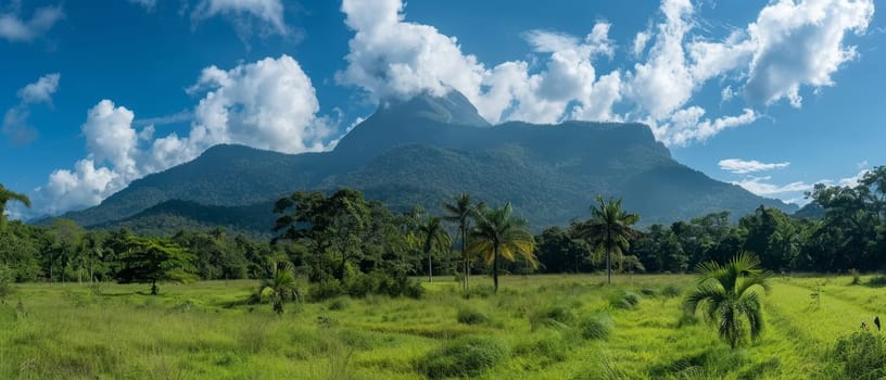 The lush greenery of a tropical landscape stretches out before a towering mountain, crowned with clouds against a clear blue sky. The scene exudes a feeling of wild, open space