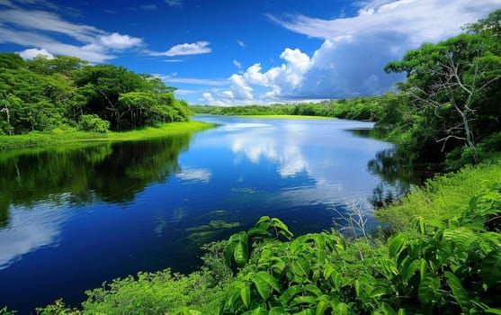 A vibrant blue lake nestles in a lush forest ecosystem, its clear waters mirroring the sky and clouds above. The purity of the scene speaks to the untouched nature of the environment