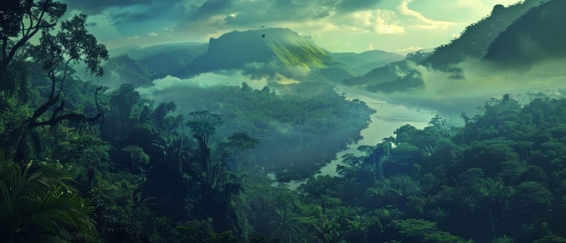 As twilight descends, an emerald jungle unfurls along a winding river, with mist clinging to the mountainous backdrop, creating a layered tapestry of nature's serenity