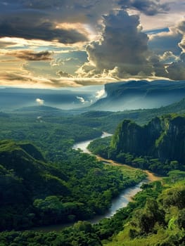 A radiant dawn breaks over jungle cliffs and a meandering river, illuminating the mist and revealing the layered depth of the vast, untouched landscape