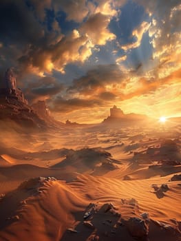 Sunlight bathes the desert in a warm glow, highlighting the sand dunes with mountain silhouettes looming in the distance beneath a dramatic cloud-filled sky