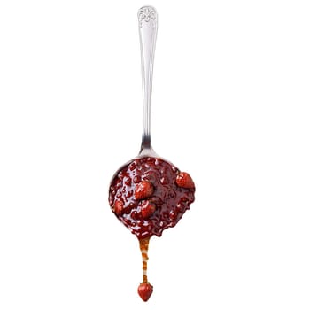 Strawberry black pepper jam spread vibrant red and speckled dripping from a tilted spoon with. Food isolated on transparent background.