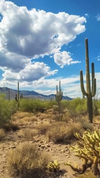 Towering saguaro cacti reach towards a cloud-dappled sky in a classic desert tableau, showcasing the unique flora of arid landscapes. The dynamic clouds add depth to the peaceful desert scene