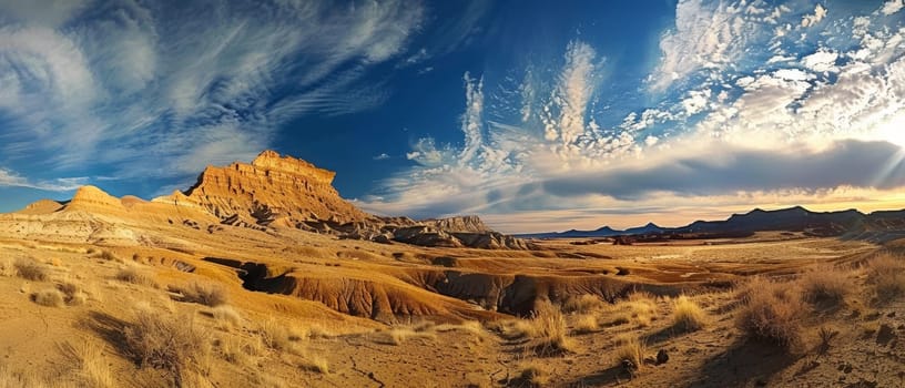 The expansive desert panorama showcases towering cliffs and striated rock formations under a sweeping blue sky. Play of sunlight across the scene highlights the textures and contours of the landscape