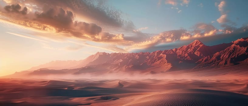 Clouds cast shadows over rolling desert dunes as the mountains stand guard in the distance, creating an ethereal and tranquil desert scene at sunset. The soft light adds a mystical quality