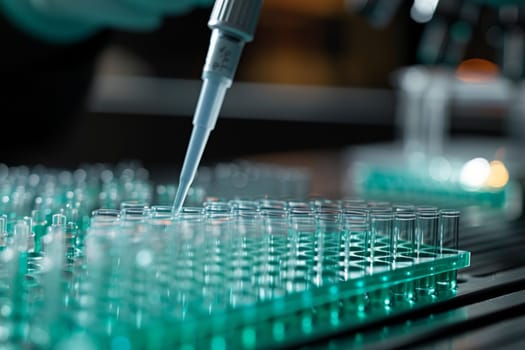 The scientist fills the microplate with a pipette in the lab for biological or chemical analysis.