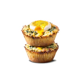 Egg muffins golden brown studded with veggies and cheese with steam rising as they re. Food isolated on transparent background.