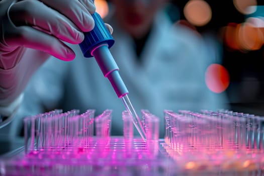 The scientist fills the microplate with a pipette in the lab for biological or chemical analysis.