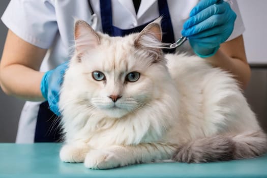 Veterinarian caring for the cat, who stands peacefully next to the procedure table and medical equipment as part of an event honoring Veterinarian Day