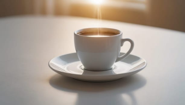 A hot cup of coffee on a saucer, set against a white background, casting a subtle shadow