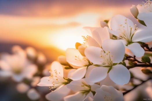 Branches with fresh white flowers in full bloom against the sunset sky