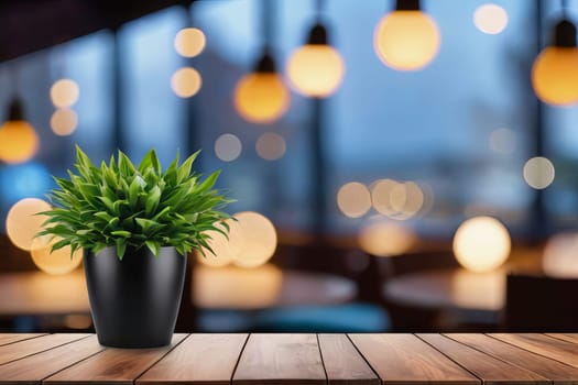 An inviting scene featuring an empty wooden table with warm bokeh lights, set against a blurred restaurant background, perfect for food and dining related content