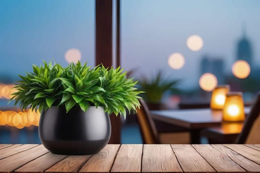 An inviting scene featuring an empty wooden table with warm bokeh lights, set against a blurred restaurant background, perfect for food and dining related content