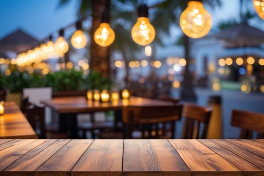 Empty wooden table set against a backdrop of softly blurred restaurant ambiance, creating a cozy and intimate atmosphere