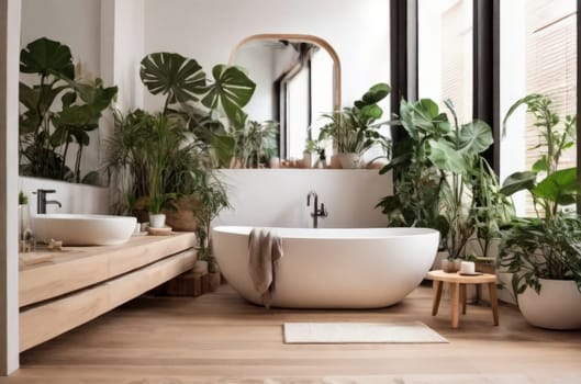 Cozy and inviting atmosphere radiates from a home garden bathroom designed in white and wooden tones, parquet floor, and an array of houseplants, embodying the urban jungle aesthetic and biophilia principle