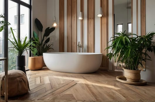 Captivating image showcasing a harmonious blend of white and wooden elements in a home garden bathroom, adorned with a variety of houseplants that infuse the space with a refreshing urban jungle vibe