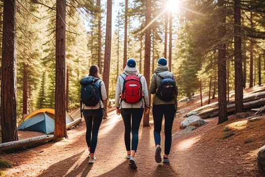 tourists with backpacks walking through the autumn pine forest, rear view. camping tent during the day in the autumn forest. a banner with a place to copy