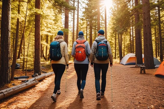 tourists with backpacks walking through the autumn pine forest, rear view. camping tent during the day in the autumn forest. a banner with a place to copy