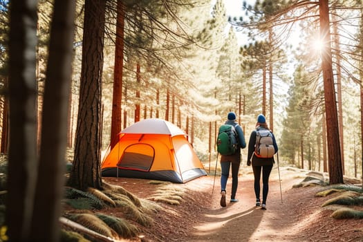 tourists with backpacks walking through the autumn pine forest, rear view. camping tent during the day in the autumn forest. a banner with a place to copy