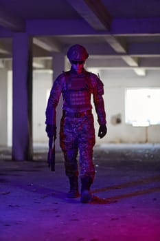 A professional soldier undertakes a perilous mission in an abandoned building illuminated by neon blue and purple lights.