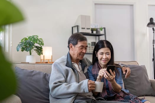 Senior couple using smartphone at home. Concept of technology, companionship, and relaxation.