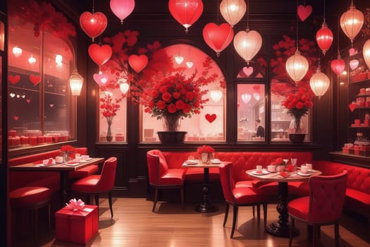 A table in a cafe decorated for Valentine's Day. Festive decor. Generative AI