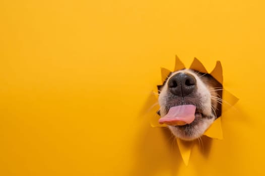 Licking dog jack russell terrier broke orange cardboard background with his nose