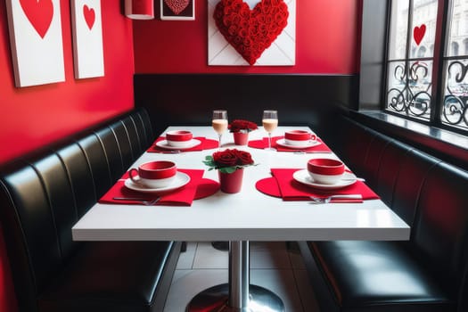 A table in a cafe decorated for Valentine's Day. Festive decor. Generative AI