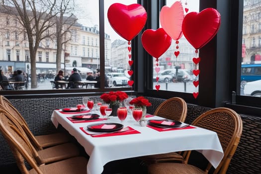 A table in a cafe decorated for Valentine's Day. Festive decor. Generative AI