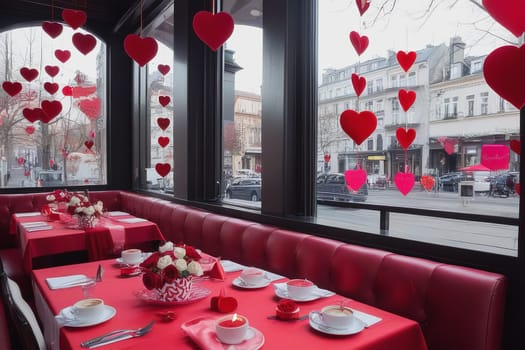 A table in a cafe decorated for Valentine's Day. Festive decor. Generative AI