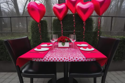 A table in a cafe decorated for Valentine's Day. Festive decor. Generative AI