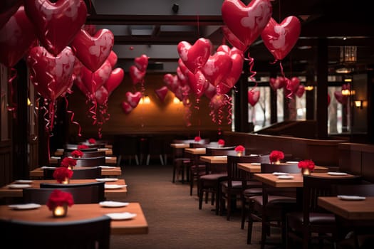 The restaurant hall is decorated for Valentine's Day. The concept of celebrating Valentine's Day. Generative AI