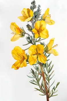 A flowering plant with yellow petals and green leaves, presented against a crisp white background, perfect for creative arts or as cut flowers arrangements