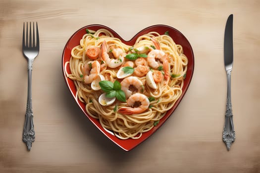 Spaghetti with seafood in a heart-shaped plate
