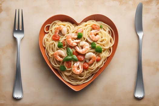 Spaghetti with seafood in a heart-shaped plate