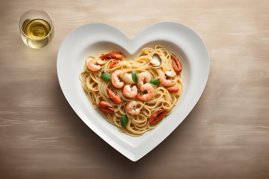 Spaghetti with seafood in a heart-shaped plate