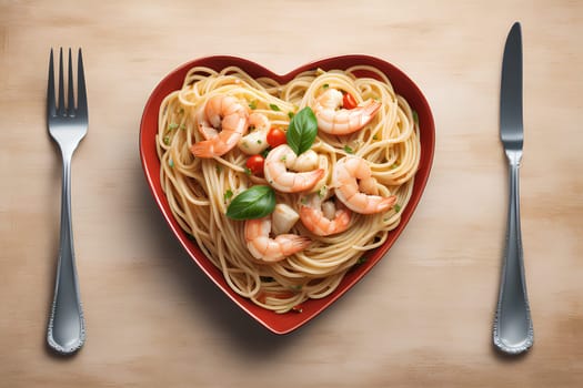 Spaghetti with seafood in a heart-shaped plate